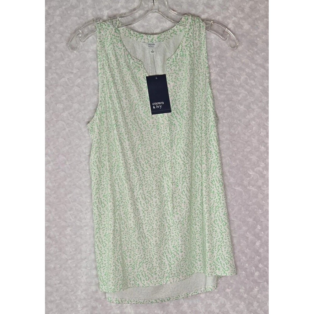 Crown & Ivy Women's Knit Tank Top Size L White/Green/Pink Leopard V-Neck